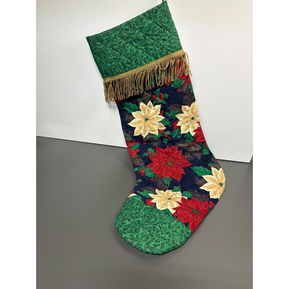 Vintage Quilted Christmas Stocking Poinsettia Floral Gold Fringe Green Cuff 26in - Picture 4 of 8